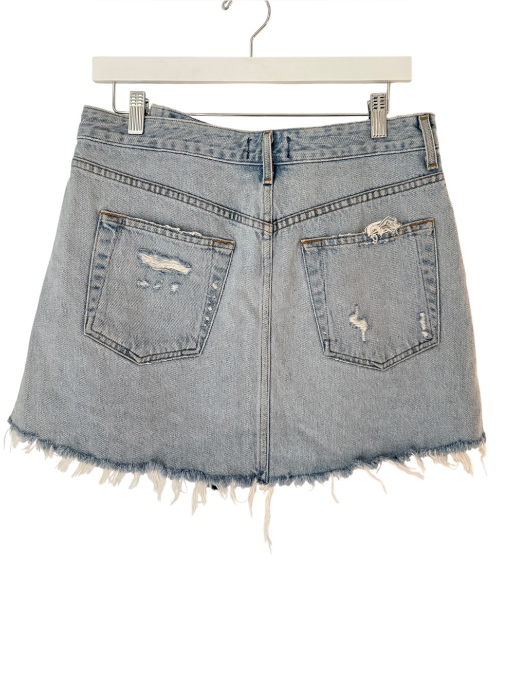AGOLDE Criss Cross Asymmetrical Denim Mini Skirt Light Wash Distressed Size 28 - Picture 4 of 11